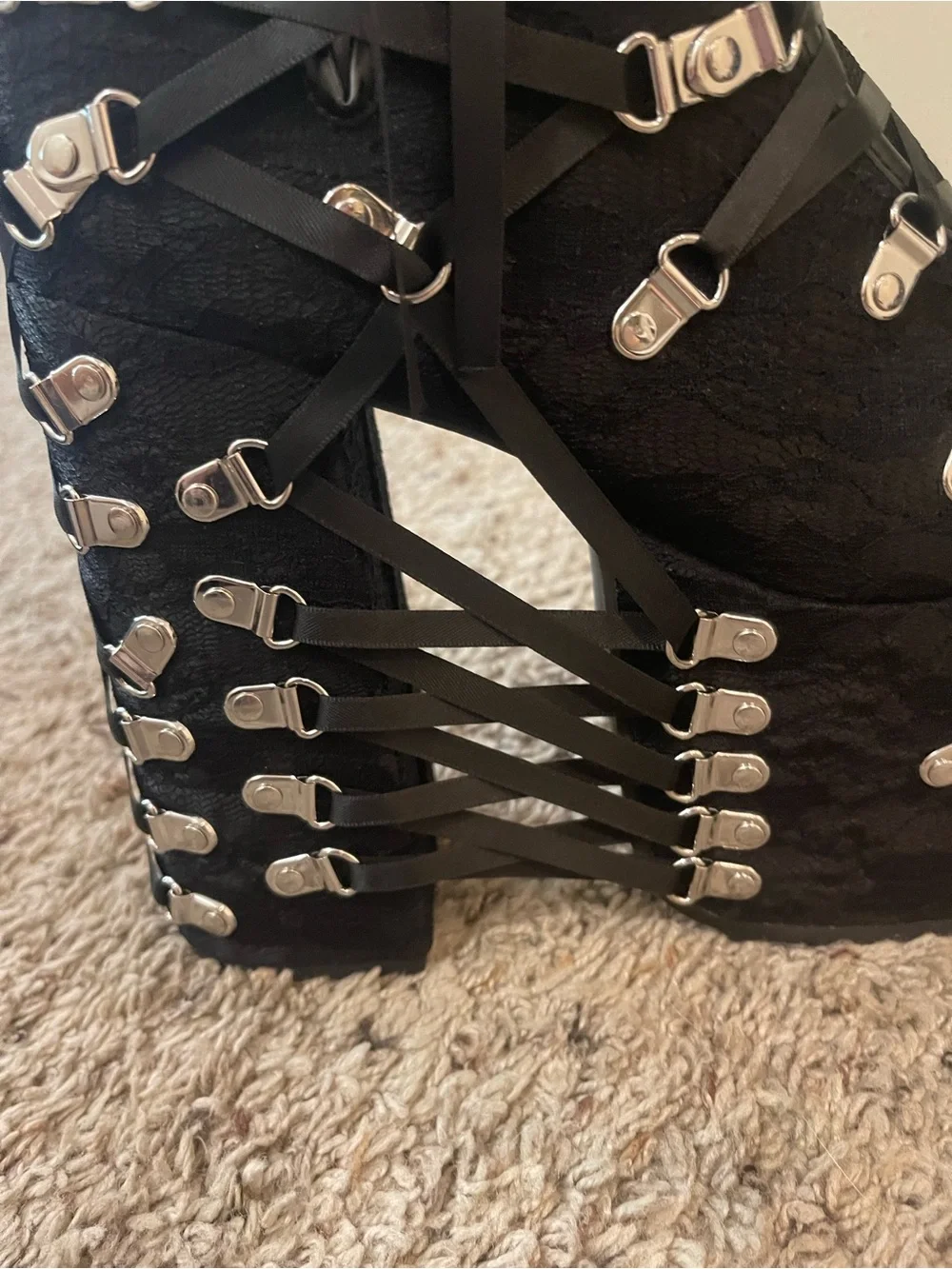 Women’s Black Lace-Up Platform Ankle Boots with Silver Hardware